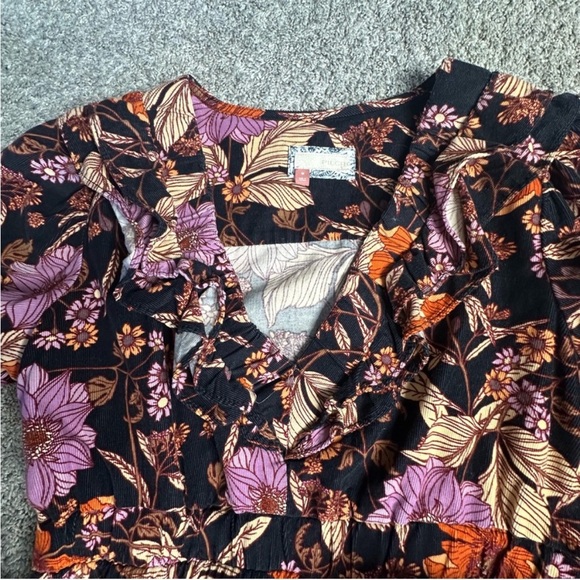 PILCRO TIERED CORDUROY RUFFLED FLORAL BOHO MINI DRESS medium BLACK long sleeve - Picture 11 of 15